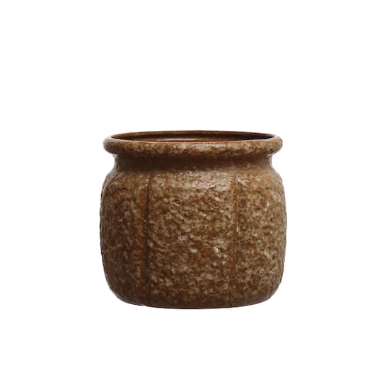 7.75&#x22; Brown Round Textured Stoneware Planter